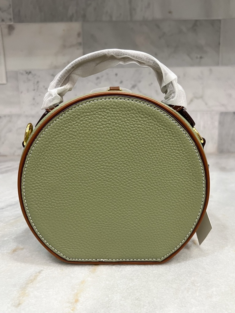 Genuine Pebbled Leather Olive and Tan Round Zippered Crossbody Bag - Picture 3 of 12